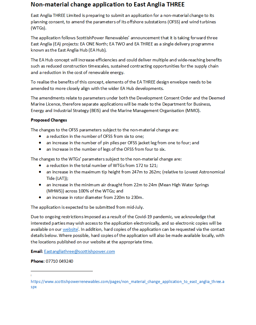 East Anglia 3 Non-Material Change to Application Consultation