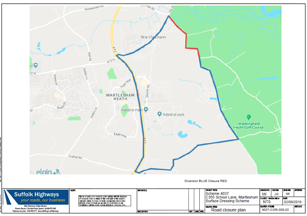 Planned Roadworks School Lane, Martlesham, 27 April to 1 May