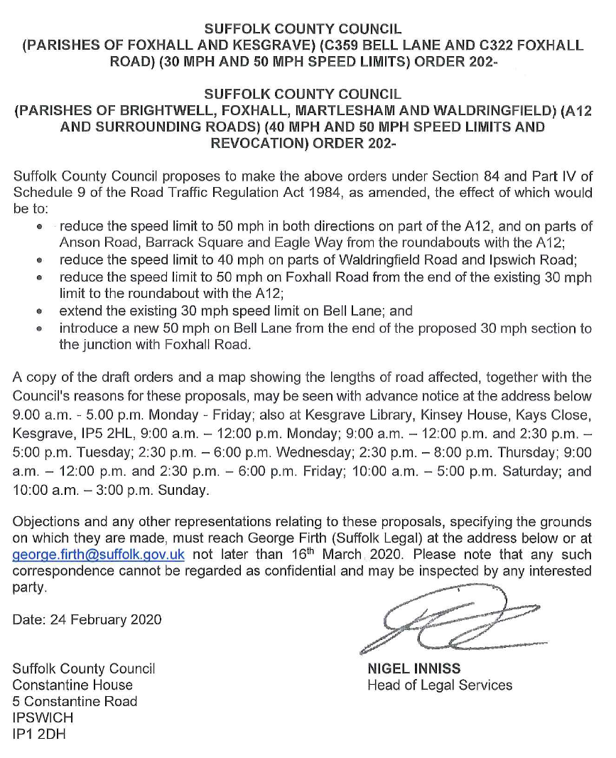 Speed Limit Changes A12 Martlesham & Surrounding Roads