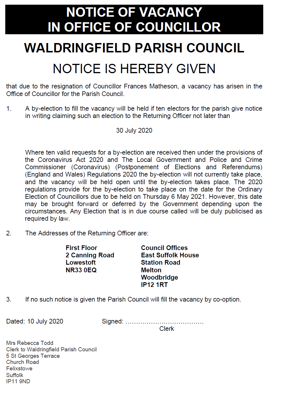 Waldringfield Parish Council Notice of Councillor Vacancy