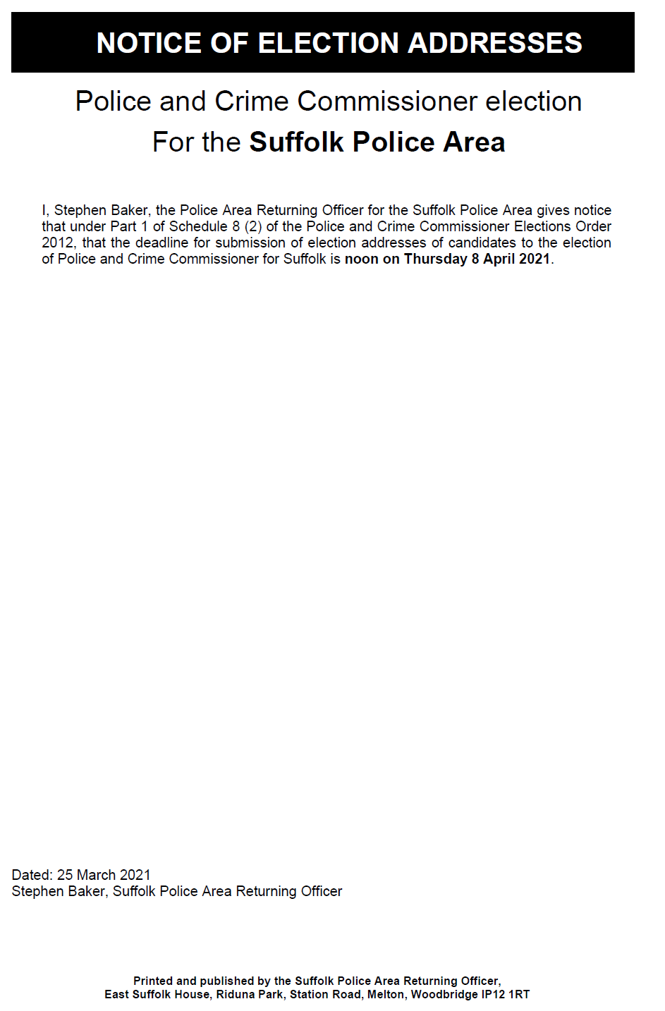 Notice of Election - Police & Crime Commissioner Addresses