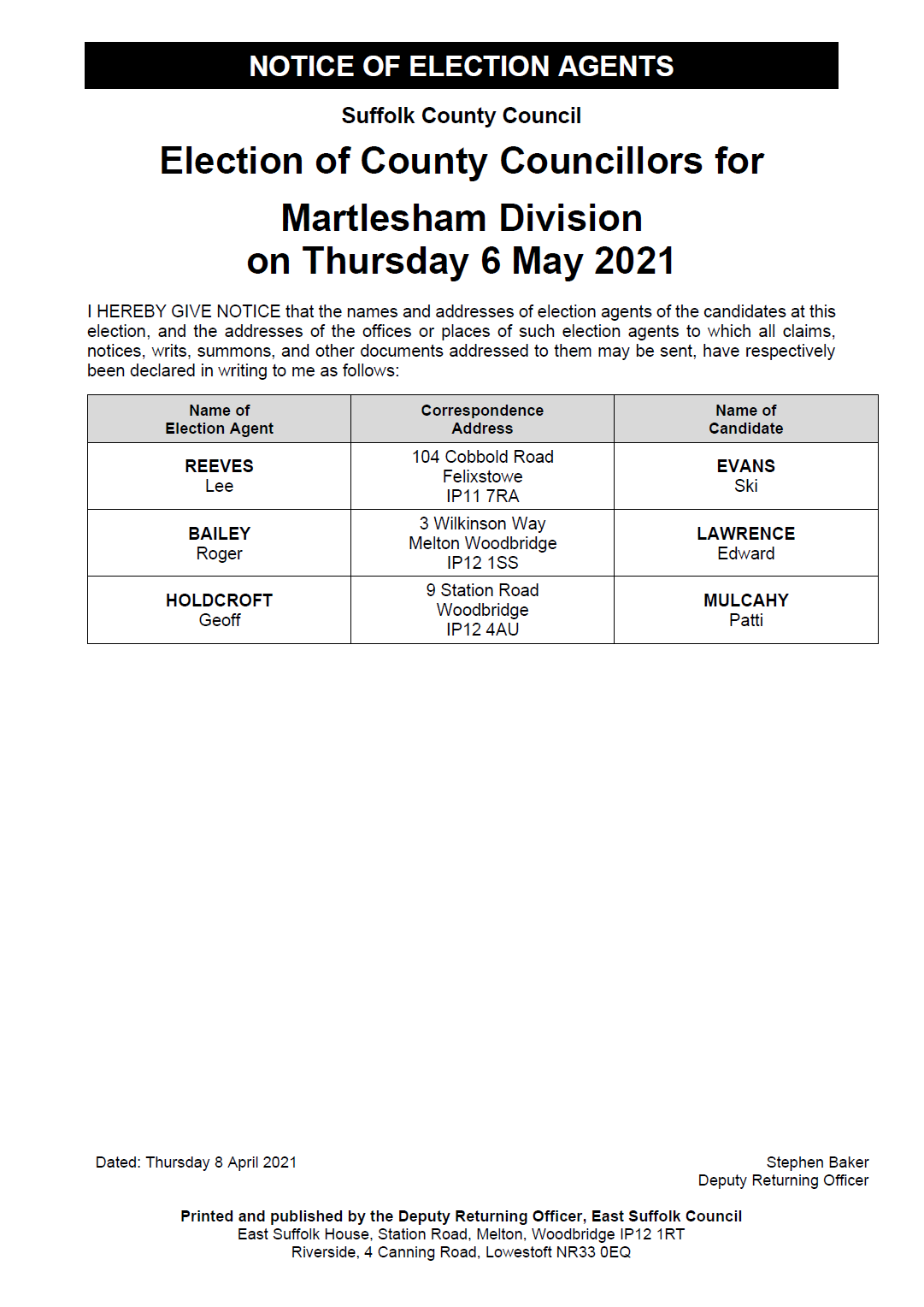 Suffolk County Council Election Agents